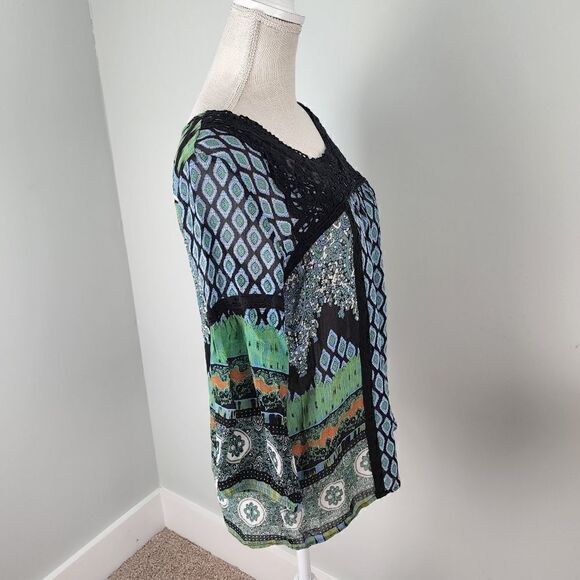 BILA WOMEN'S CROCHET NECKLINE PAISLEY PRINT 3/4 LENGTH SLEEVES TOP SIZE SMALL - Picture 3 of 7